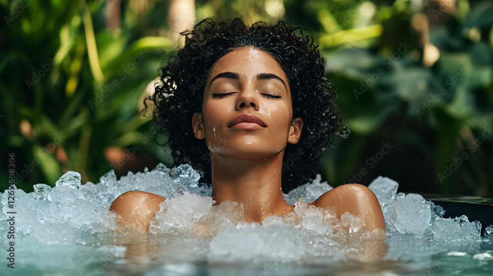 Obraz premium Serene Woman Relaxing in Natural Spa with Ice and Greenery Surroundings