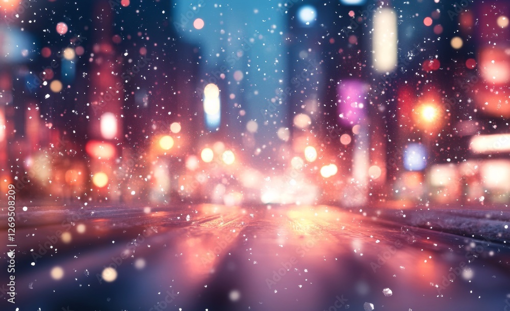 Obraz premium Snowy city street at night, illuminated by colorful lights