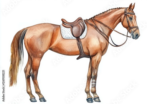 Equestrian Beauty A Detailed Watercolor Painting of a Chestnut Horse with Tack and Braided Mane