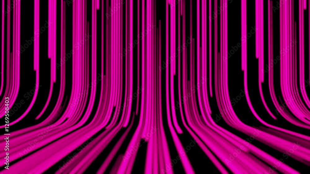 Vibrant abstract backdrop with neon blue and pink stripes and ribbons flowing erratically along a curved trajectory from top to bottom.
