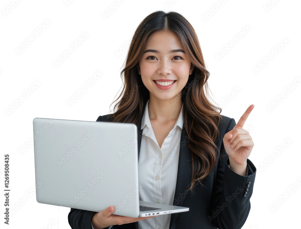 businesswoman with a laptop and pointing at copy space on transparent PNG background. businesswoman with a laptop and pointing at copy space on transparent PNG background.
