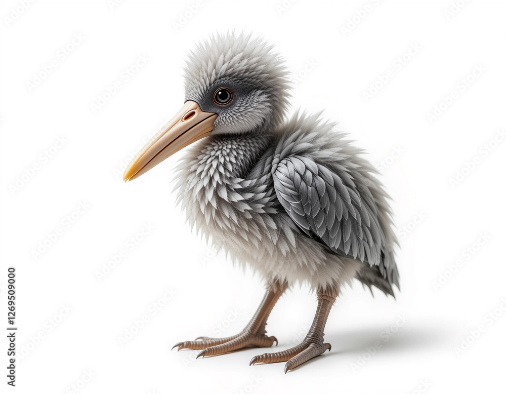Obraz premium Baby Shoebill Stork Standing with Fluffy Feathers and a Large Bill