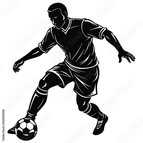 black silhouette of a football player dribbling the ball,