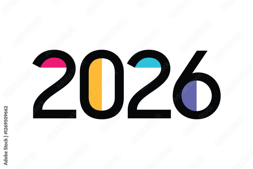 Greeting card New Year 2026 design with trendy, multicolored graphics. Greeting card New Year 2026 design with trendy, multicolored graphics.