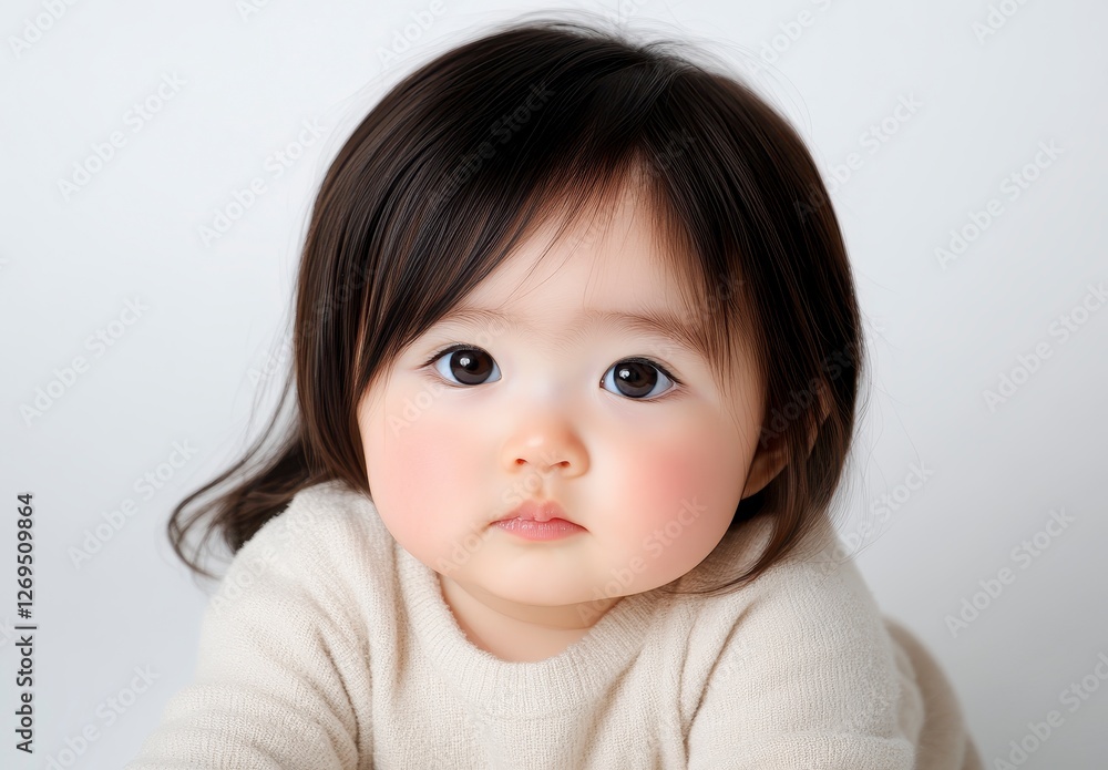 Close up portrait of a lovely baby girl with dark hair and large eyes, wearing a light colored sweater against a white background. Soft lighting Close up portrait of a lovely baby girl with dark hair and large eyes, wearing a light colored sweater against a white background. Soft lighting
