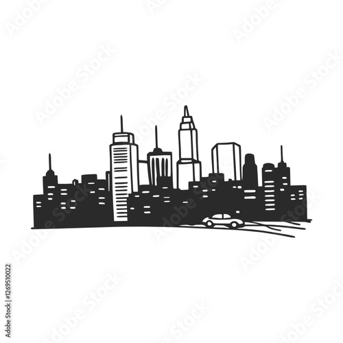 Urban skyline panorama. Cityscape with towering skyscrapers. Downtown vista featuring modern architecture. Government buildings and urban structures. Illustration of bustling city life and metropolita