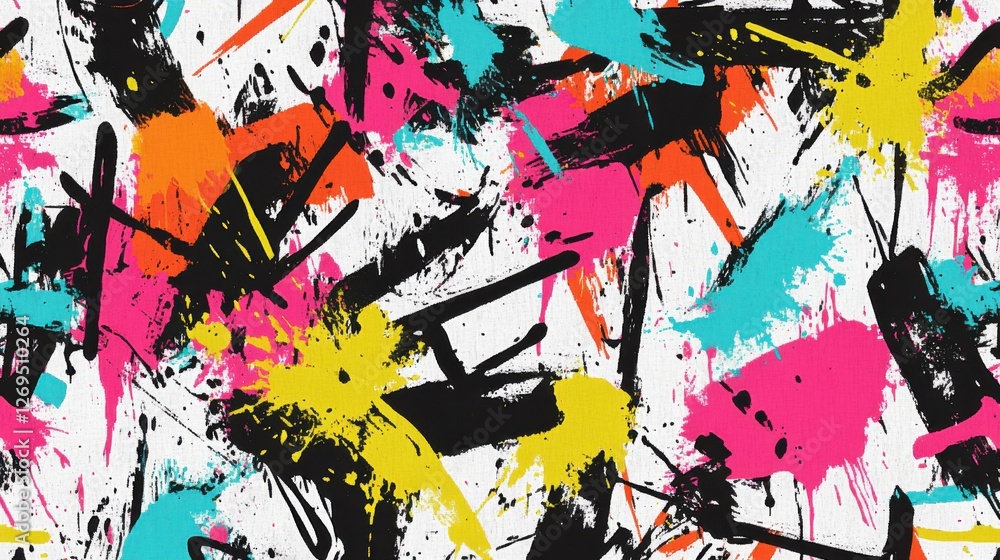 Fototapeta premium Vibrant Graffiti Paint Splatters, Urban Art District, Graphic Design, Modern Environment, Top-Down View, Creative Concept