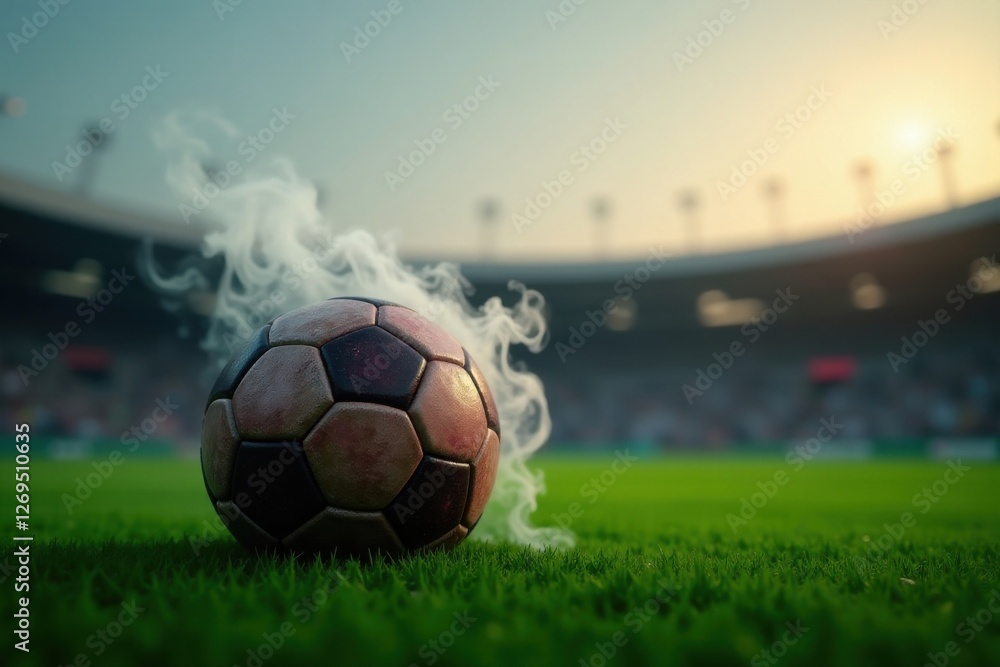 Obraz premium A weathered soccer ball rests on a verdant field, enveloped by ethereal smoke, set against the backdrop of a majestic stadium at sunset.
