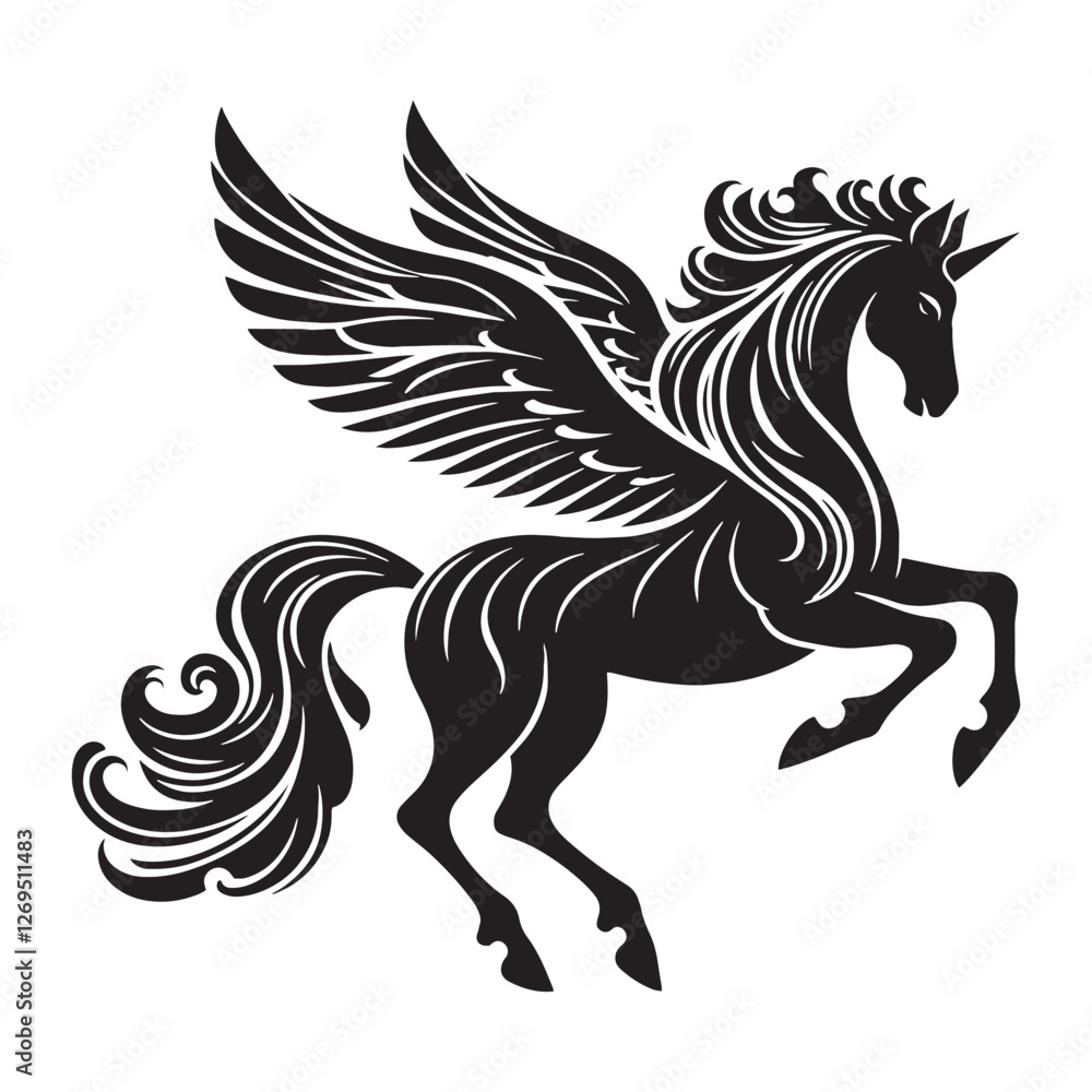 Fototapeta premium Legendary Pegasus silhouette galloping toward the stars - Pegasus illustration - Minimalist Pegasus vector - Mythical creature silhouette 