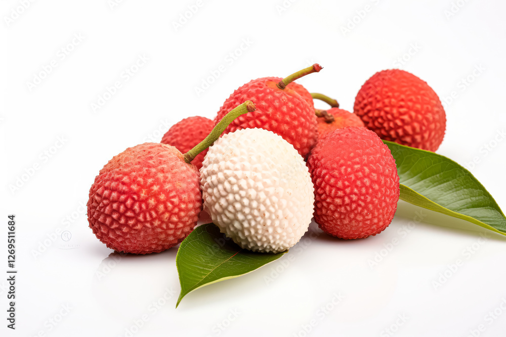 Bunch of red lychee with green leaves. Bunch of red lychee with green leaves.
