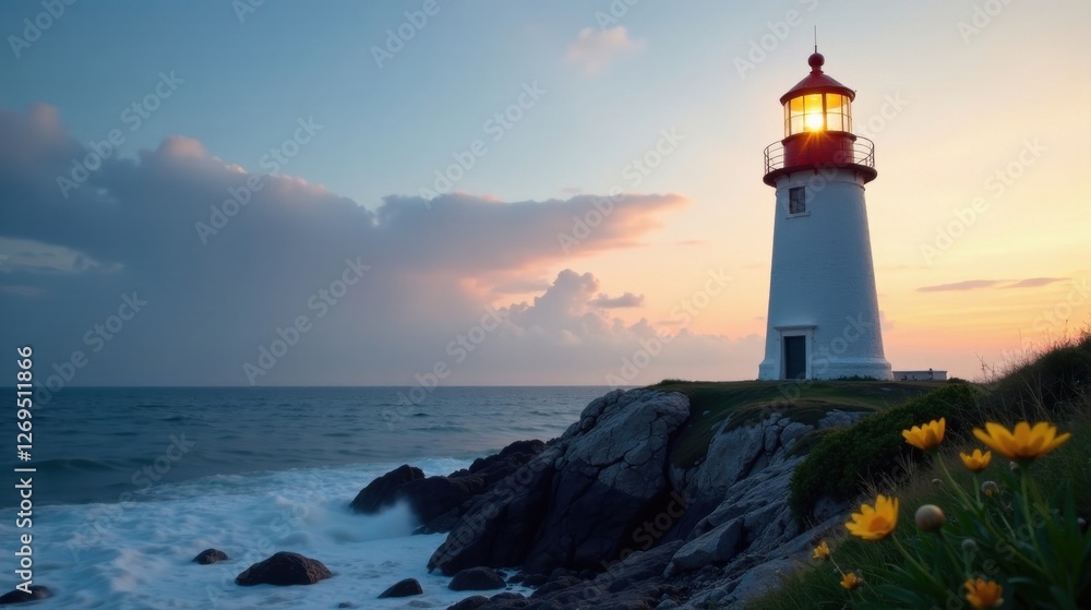 Serene Sunset Illumination of Coastal Lighthouse on Rocky Outcrop with Gentle Waves Serene Sunset Illumination of Coastal Lighthouse on Rocky Outcrop with Gentle Waves