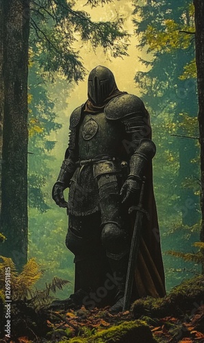 Knight in Forest Guarding Ancient Woods with Sword and Armor Medieval Sentinel in Woodland Realm photo