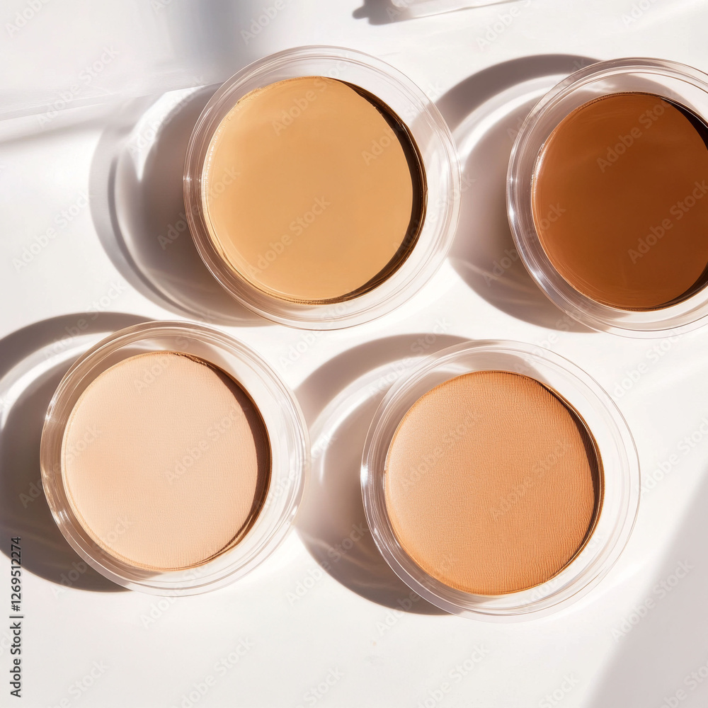 Cream Foundation in Various Skin Tones with Natural Light and Soft Shadows. Cosmetics Cream Foundation in Various Skin Tones with Natural Light and Soft Shadows. Cosmetics