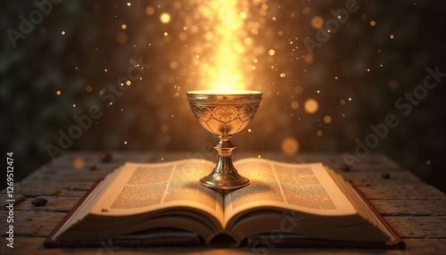 Sacred Golden Chalice Resting on Antique Book with Mystical Lighting