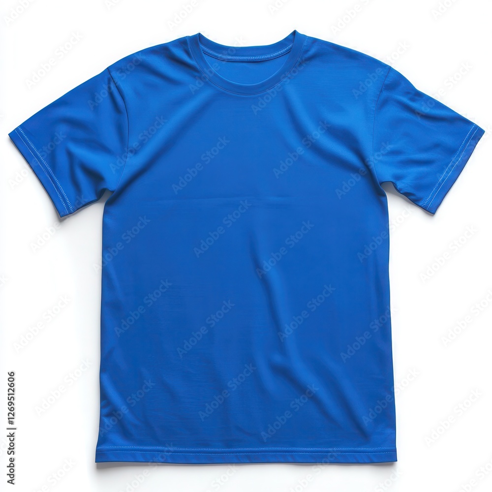A plain blue t-shirt laid flat on a white background A plain blue t-shirt laid flat on a white background
