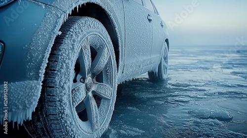 Frosty car on icy lake, winter landscape, travel photo