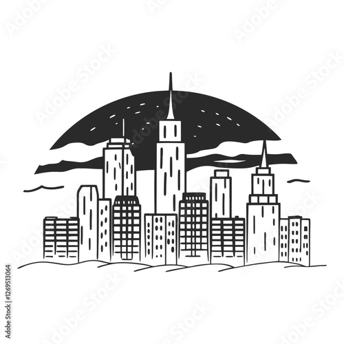 City skyline silhouette. Urban landscape with towering skyscrapers. Downtown panorama featuring modern architecture and government buildings. Illustration of bustling urban life and metropolitan scene