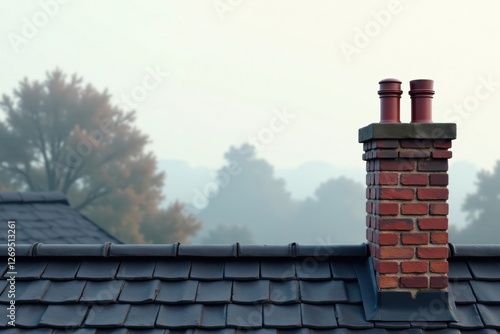Wallpaper Mural Serene autumnal vista, showcasing a brick chimney atop a dark-slate roof, gently blurred trees in the misty background. Torontodigital.ca