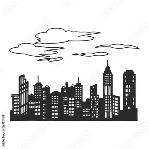 City skyline silhouette. Urban landscape with towering skyscrapers. Downtown panorama featuring modern architecture and government buildings. Illustration of bustling urban life and metropolitan scene