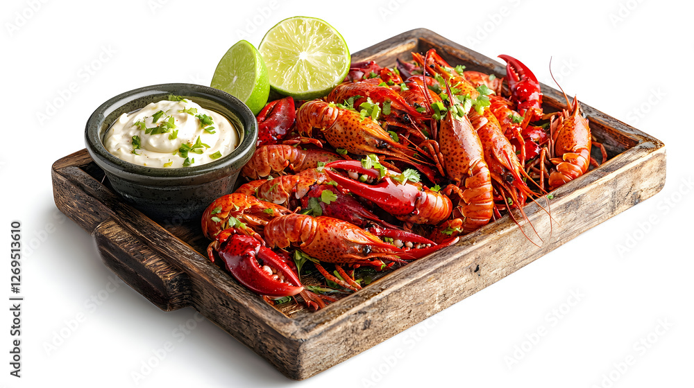 Vibrant Crawfish Platter with Lime and Sauce on Rustic Wooden Board Vibrant Crawfish Platter with Lime and Sauce on Rustic Wooden Board
