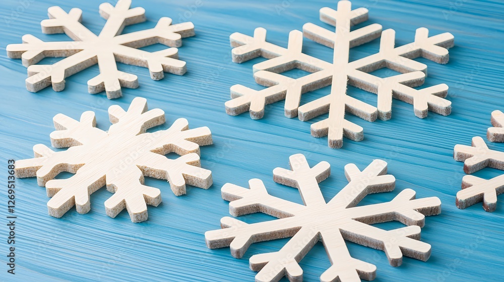 White Wooden Snowflakes on a Blue Wooden Background for Winter Decor White Wooden Snowflakes on a Blue Wooden Background for Winter Decor