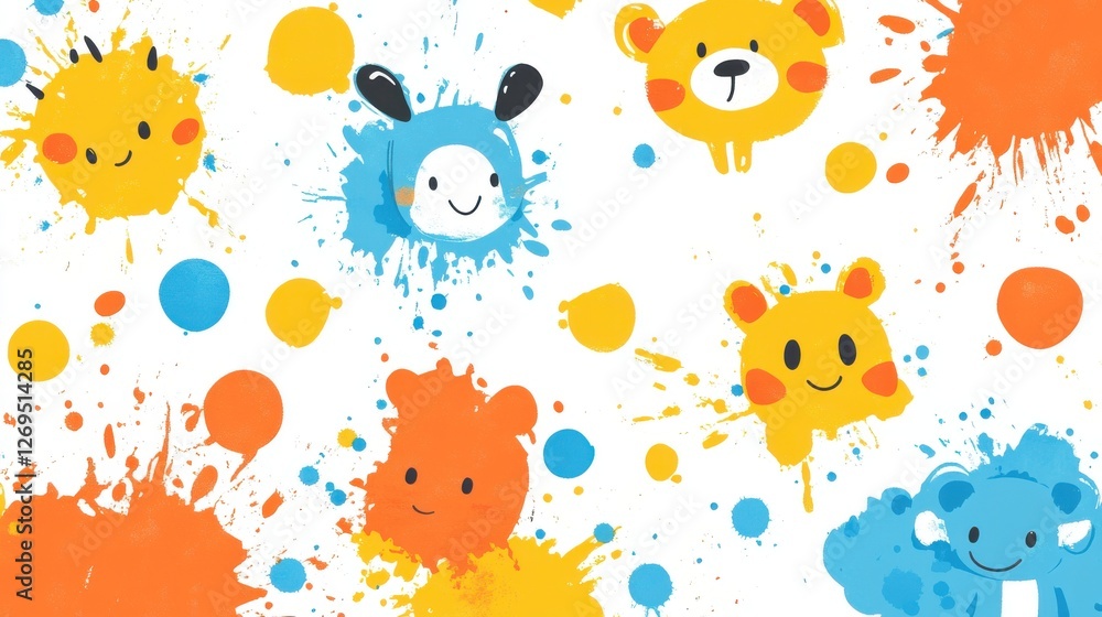 Obraz premium Playful Animal-Themed Splatter Paint Art, Bright Colors, Digital Illustration, Vibrant Environment, Top-Down View, Fun Concept