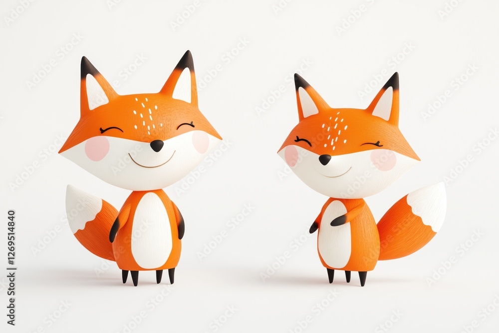 Fototapeta premium Cute fox figures with playful expressions displayed on a simple white background