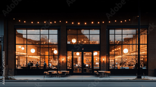 modern bookstore with large windows, warm lighting, and cozy atmosphere. People are browsing books inside, creating welcoming environment photo