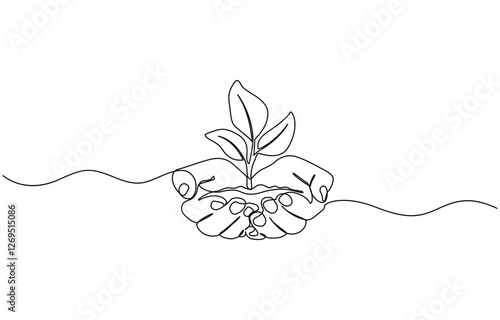 Continuous one line drawing palm hand holding together a green young plant, Hand holding plant's pot. Continuous one line drawing of back to nature theme. Growing plant in hand palm.