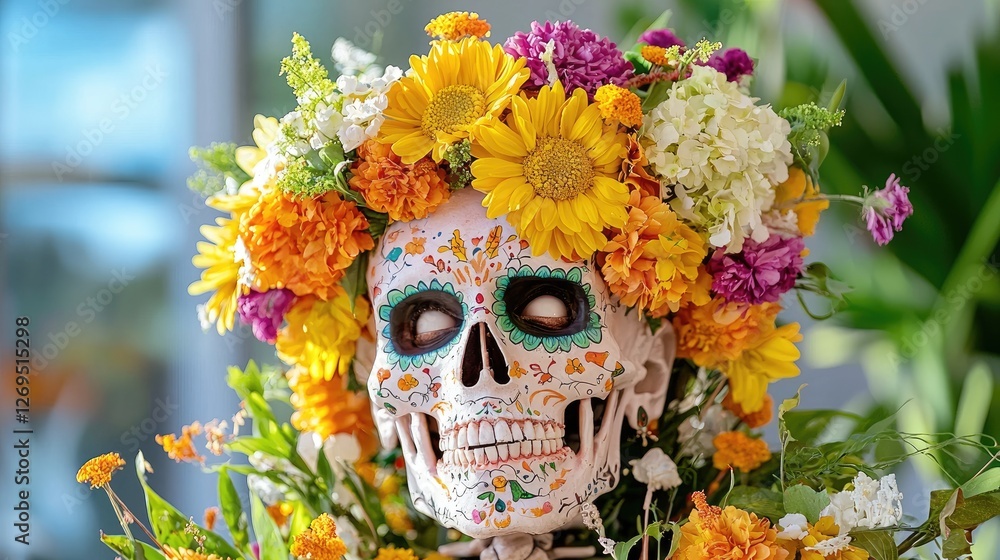 Sugar skull adorned with flowers, Day of the Dead celebration Sugar skull adorned with flowers, Day of the Dead celebration