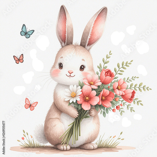 cartoon bunny with a bouquet of flowers
