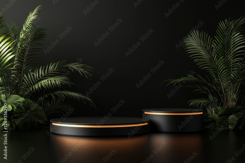 Dark studio, black podiums, tropical plants, product display Dark studio, black podiums, tropical plants, product display