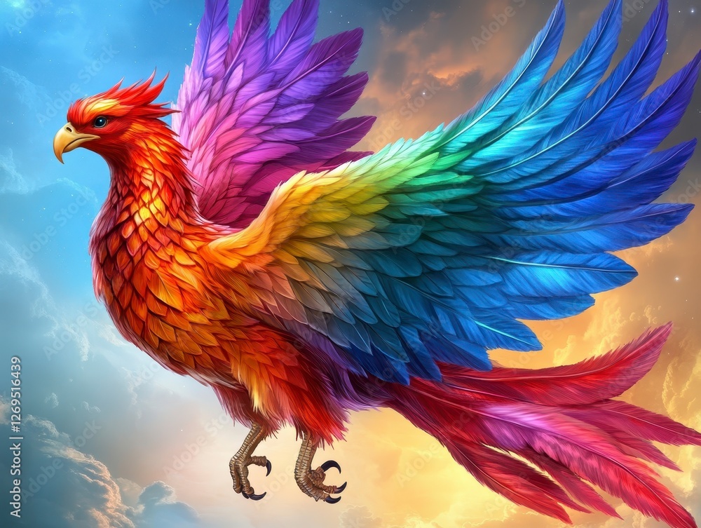 Fototapeta premium Colorful bird in flight against a dramatic sunset sky. Detailed feathers, majestic pose. Fantasy art, mythical creature