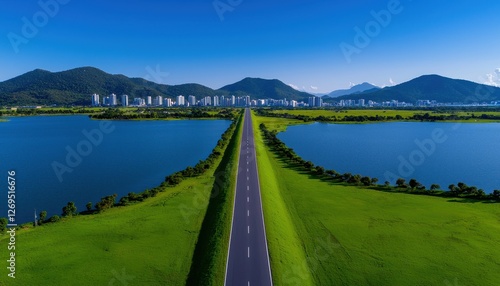 Aerial view of a serene road surrounded by water and lush green hills.