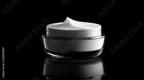 Creamy cosmetic product in a glass jar on black background.