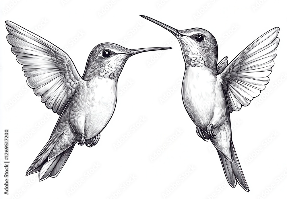 Obraz premium Two birds in flight, depicted in a detailed black and white ink drawing. The birds are shown in profile, wings outstretched, against a plain white