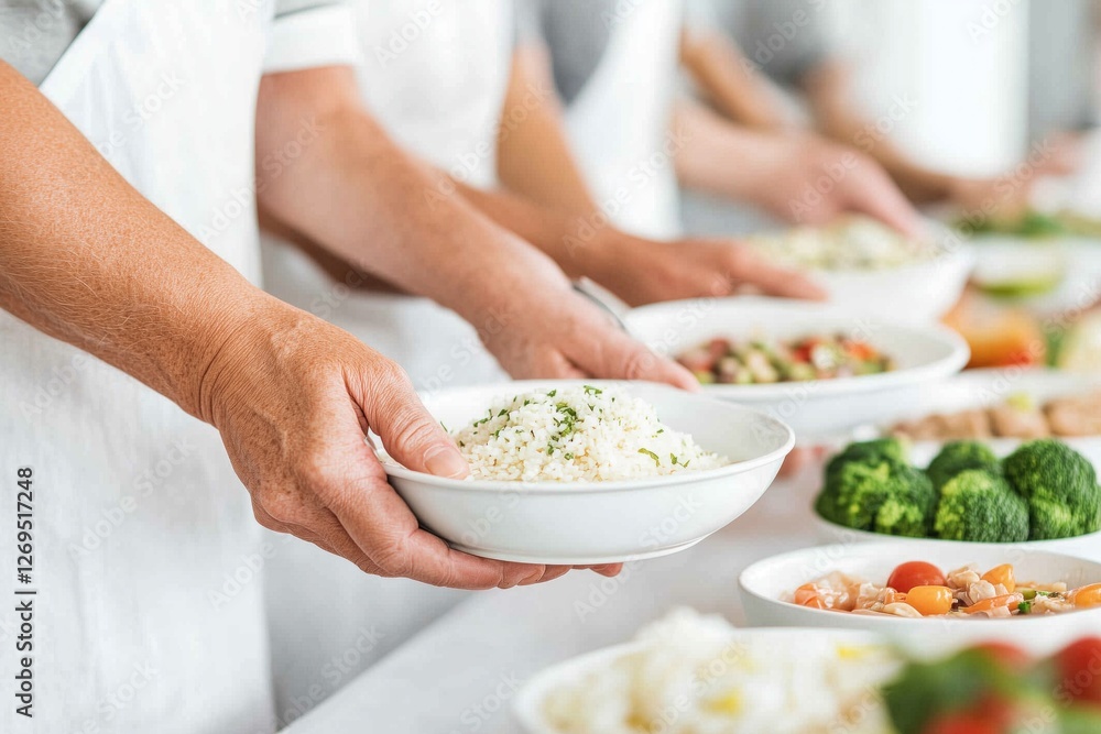 Hands serve rice in a community meal event at a local gathering place Hands serve rice in a community meal event at a local gathering place