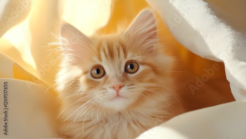 A cute orange and white kitten with large eyes, nestled in soft fabric, exuding a cozy and playful vibe. Concept Cute Kitten, Cozy Vibes, Playful Energy, Orange and White Fur, Soft Fabric Nestled photo