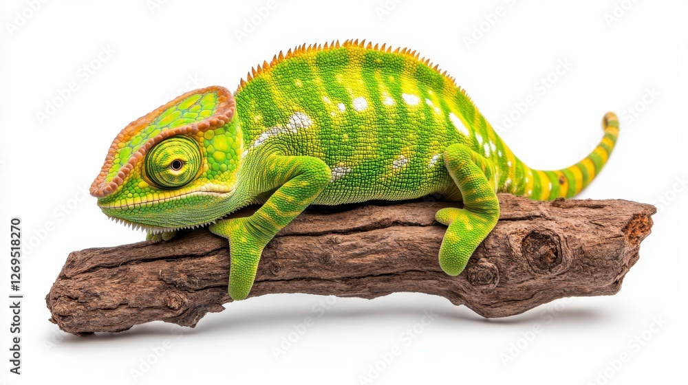 Fototapeta premium Vibrant green reptile perched on a dark brown branch against a stark white background. The reptile's skin displays intricate patterns and textures