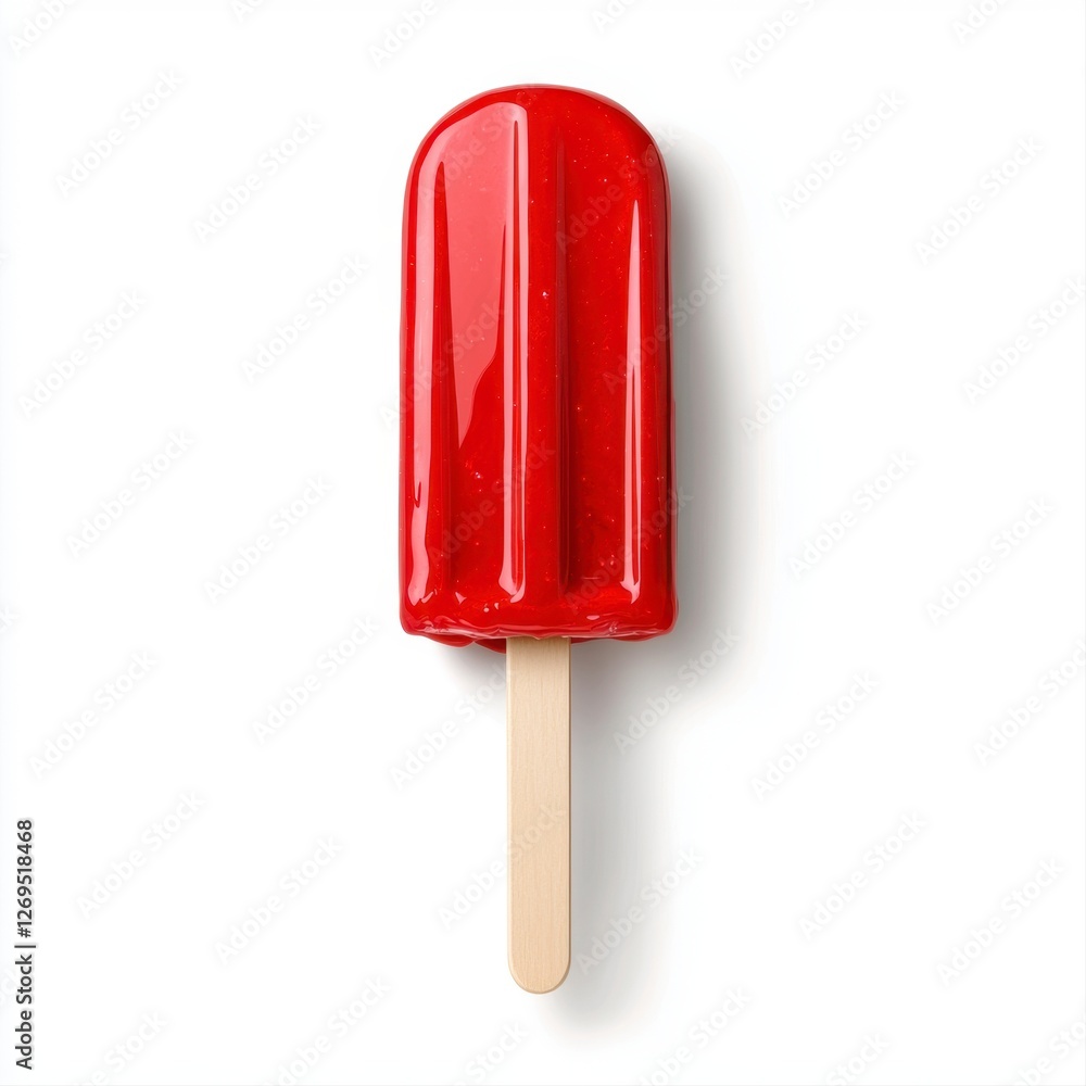 Red popsicle melting on a white background with vibrant color drips and texture details Red popsicle melting on a white background with vibrant color drips and texture details