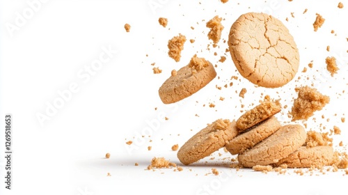 Cookie crumbs and pieces floating in the air with motion blur effect