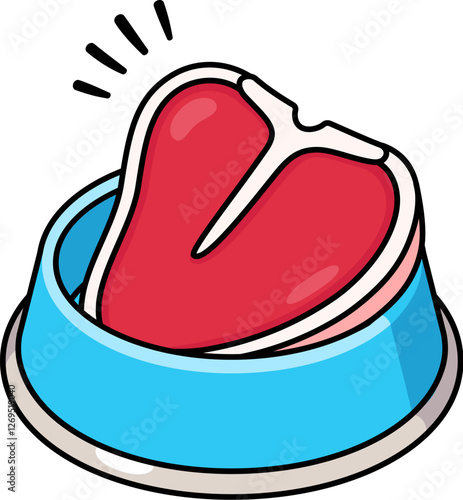 Cartoon T-bone steak in dog food bowl. Isolated vector clip art illustration.