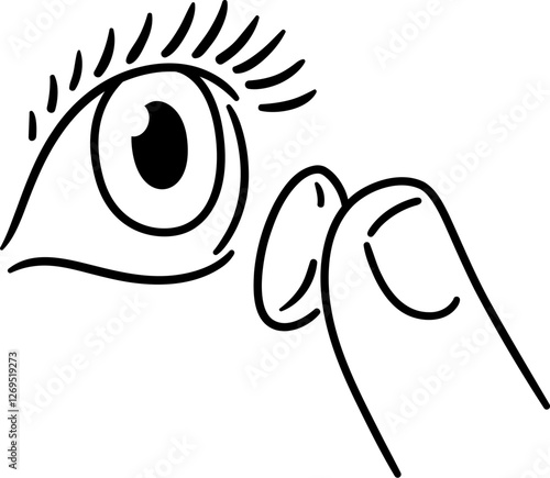 Putting in contact lenses, hand drawn doodle icon. Eye and finger holding lens. Black and white line art. Simple drawing, vector clip art illustration.