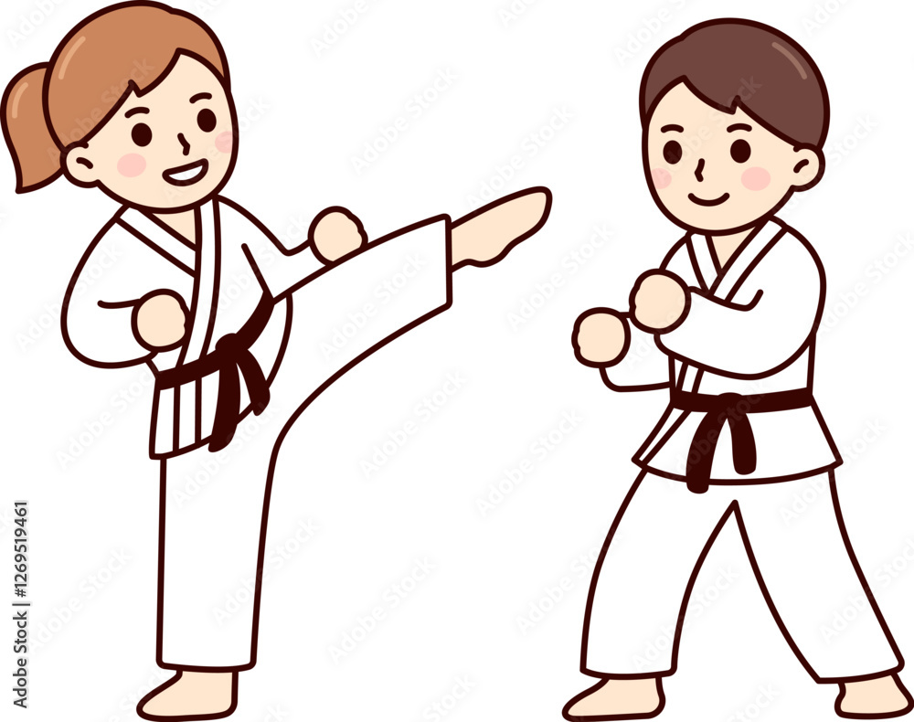 Cute cartoon kids in martial arts uniform (gi). Boy and girl karate fighting. Simple drawing, vector clip art illustration. Cute cartoon kids in martial arts uniform (gi). Boy and girl karate fighting. Simple drawing, vector clip art illustration.