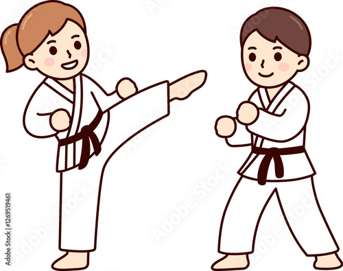 Cute cartoon kids in martial arts uniform (gi). Boy and girl karate fighting. Simple drawing, vector clip art illustration.