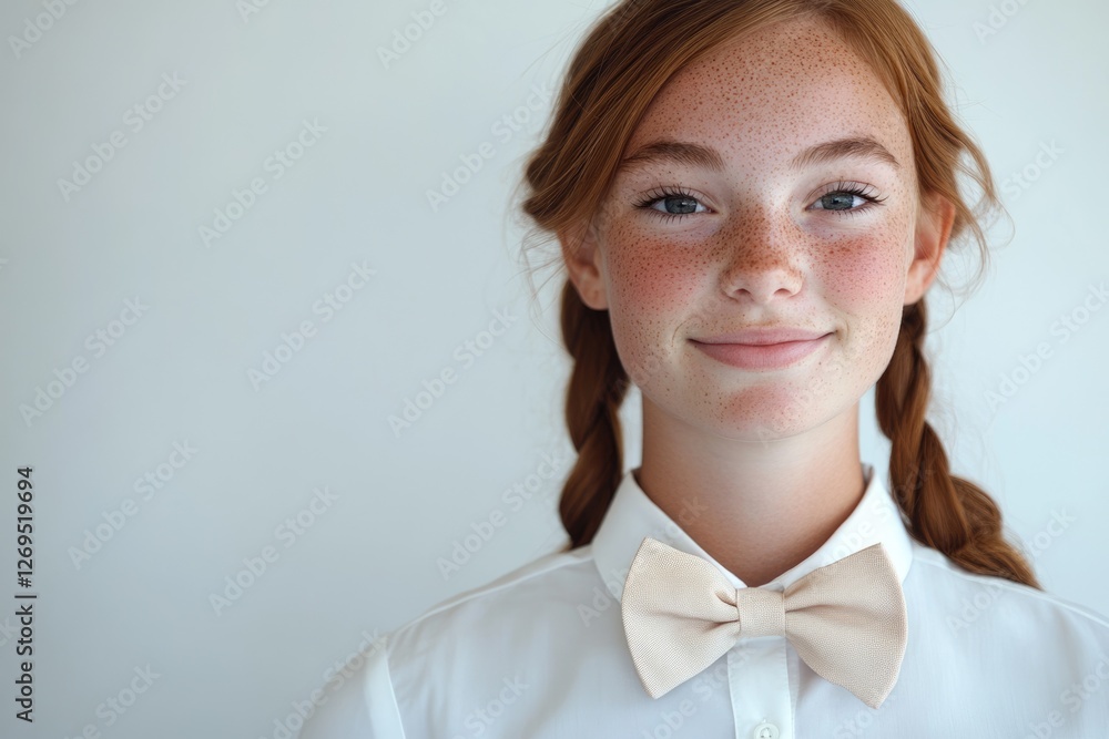 A freckled redhead girl with pigtails smiles gently, wearing a beige bow tie and a white shirt. A freckled redhead girl with pigtails smiles gently, wearing a beige bow tie and a white shirt.