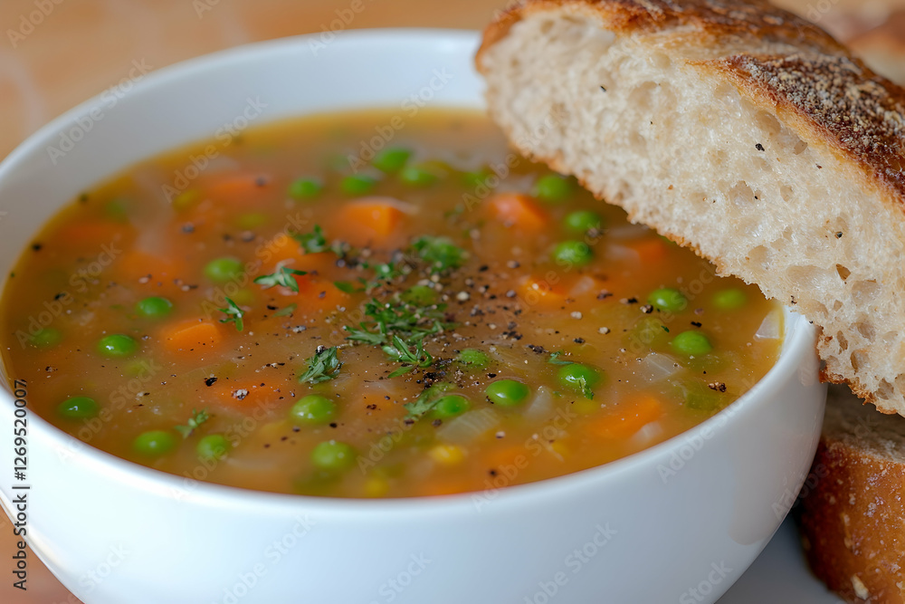Homemade vegetable soup with fresh herbs and crusty bread, perfect for a cozy meal. Homemade vegetable soup with fresh herbs and crusty bread, perfect for a cozy meal.