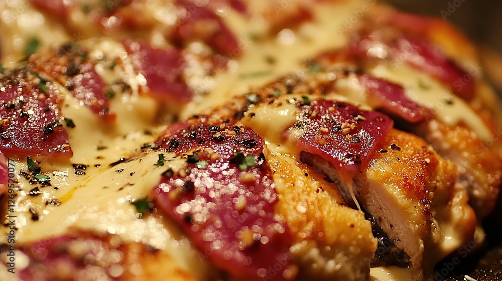 A close-up shot of Chicken Cordon Bleu, the cheese melted to perfection, with a light drizzle of bachamel sauce over it A close-up shot of Chicken Cordon Bleu, the cheese melted to perfection, with a light drizzle of bachamel sauce over it