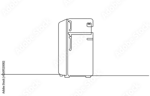 One line drawing of refrigerator in retro style. Continuous line drawing of Home appliance, fridge, One continuous line illustration of a refrigerator, isolated on white background.