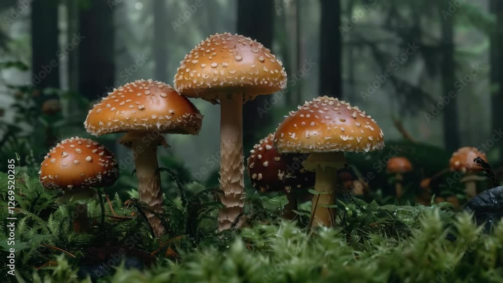 Captivating view of vibrant mushrooms in a lush forest during a rainy day